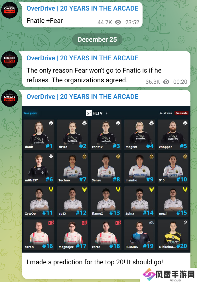 OD：fnatic将招入fear，Top20前五是Spirit全员